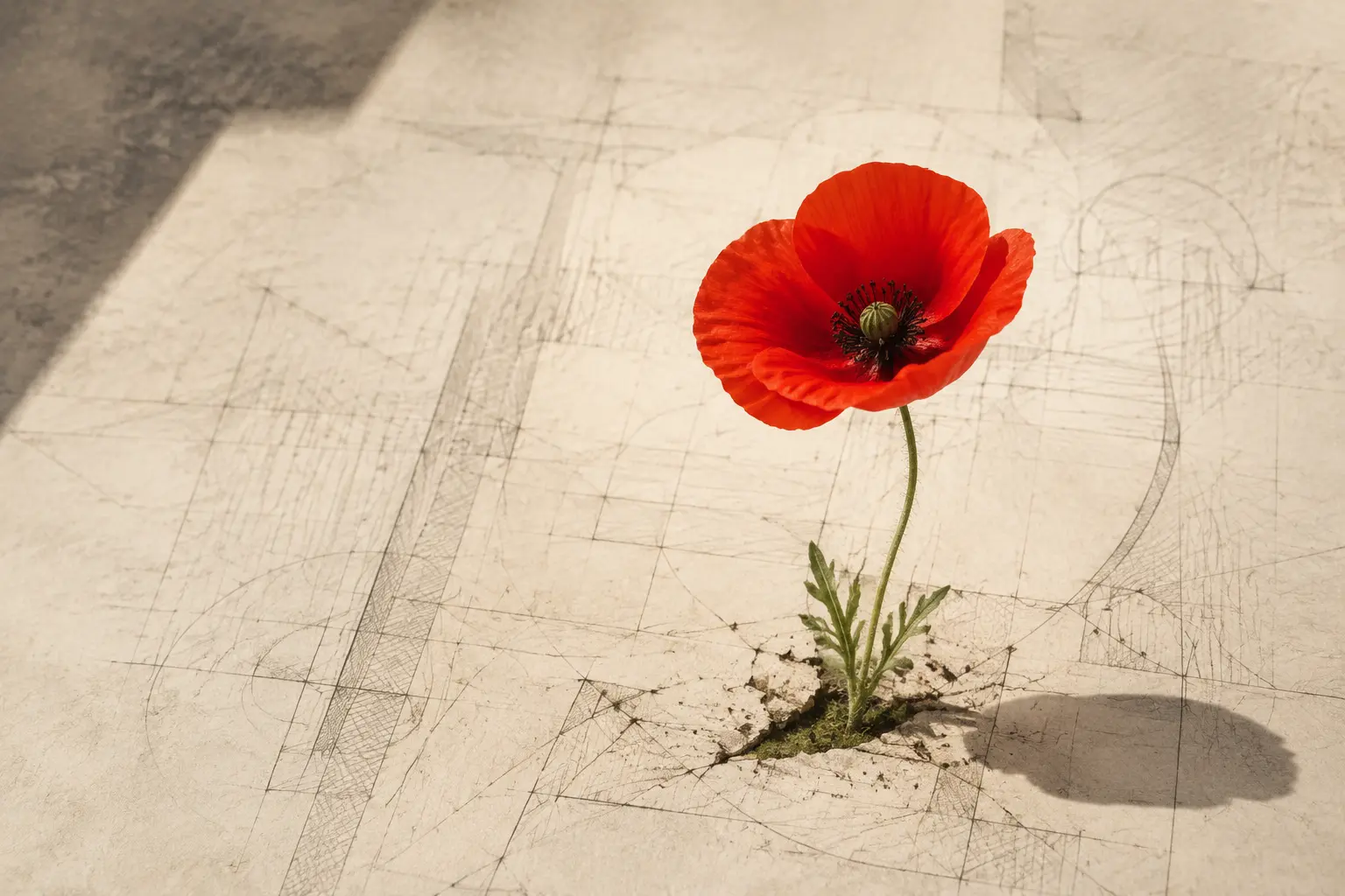 Un coquelicot rouge pousse au milieu d’un plan architectural tracé sur papier ivoire.
